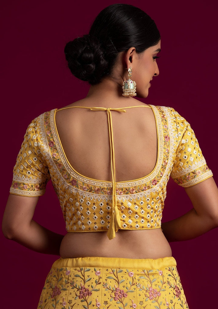 Yellow Threadwork Raw Silk Designer Lehenga - koskii