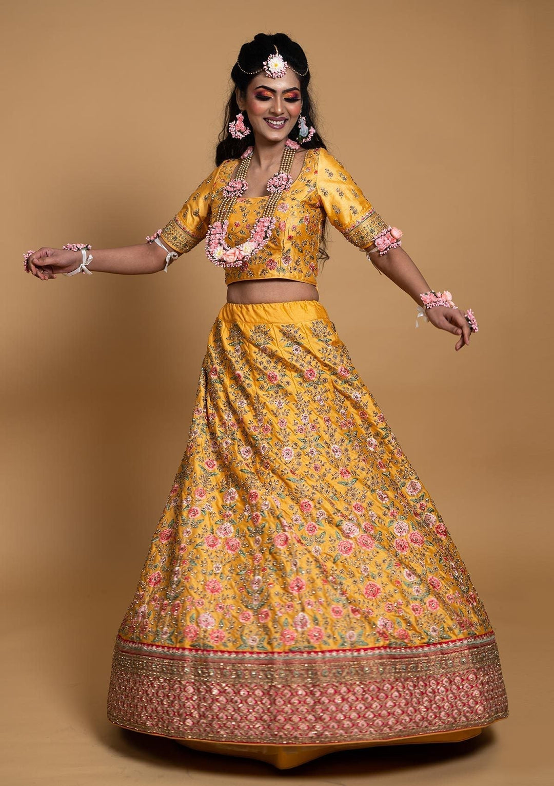 Yellow Threadwork Raw Silk Designer lehenga - koskii
