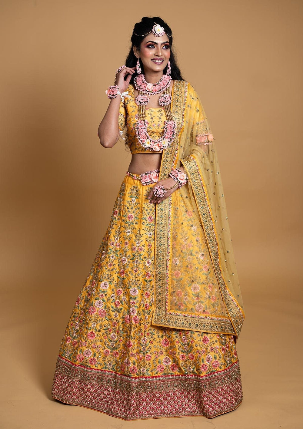 Yellow Threadwork Raw Silk Designer lehenga - koskii