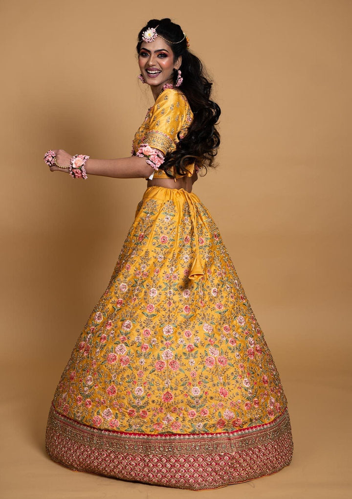 Yellow Threadwork Raw Silk Designer lehenga - koskii
