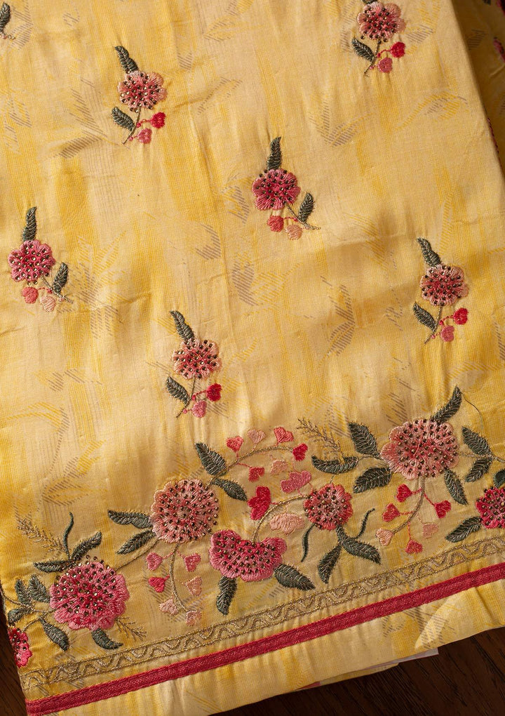 Yellow Threadwork Satin Designer Unstitched Salwar Suit - koskii