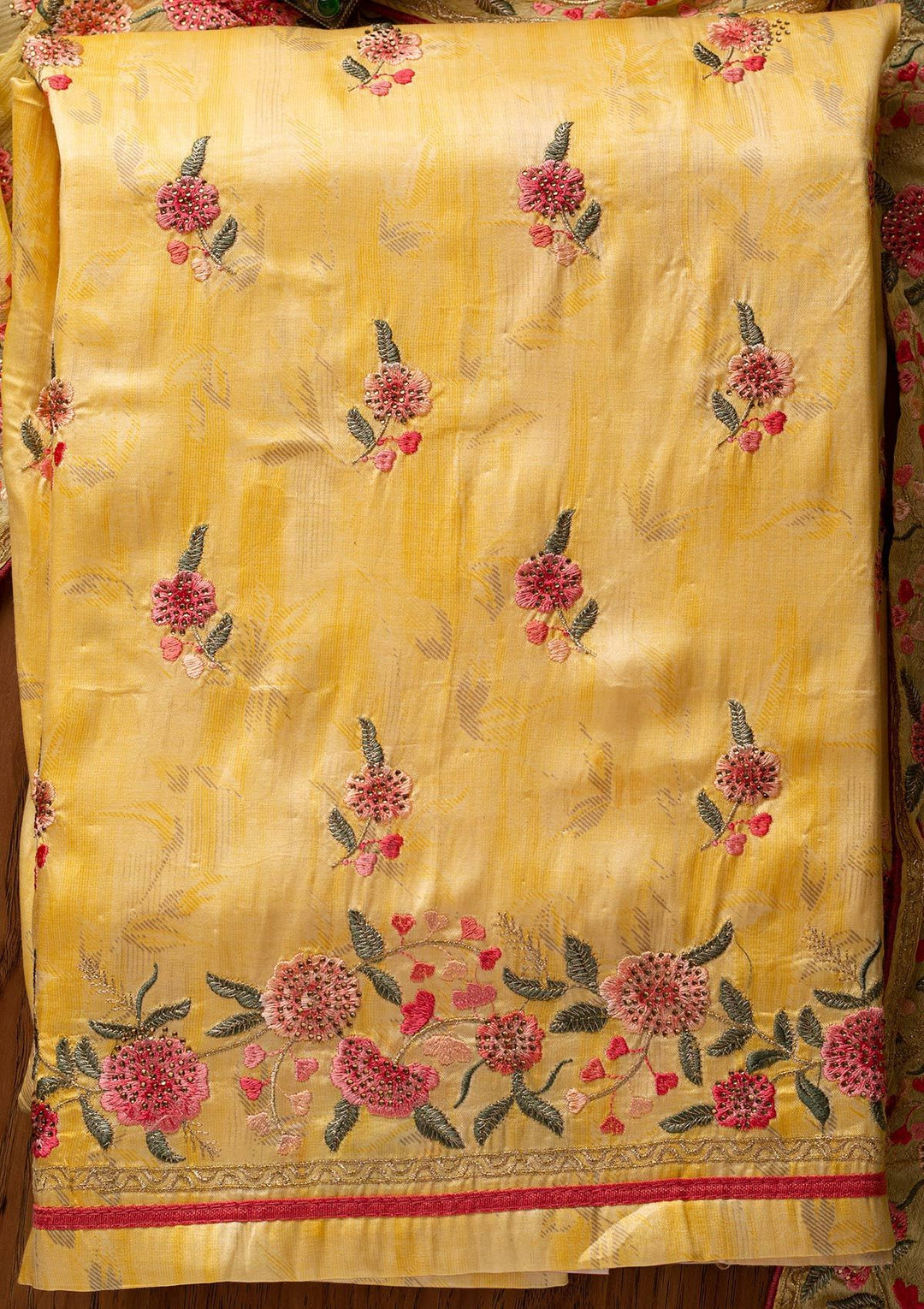 Yellow Threadwork Satin Designer Unstitched Salwar Suit - koskii