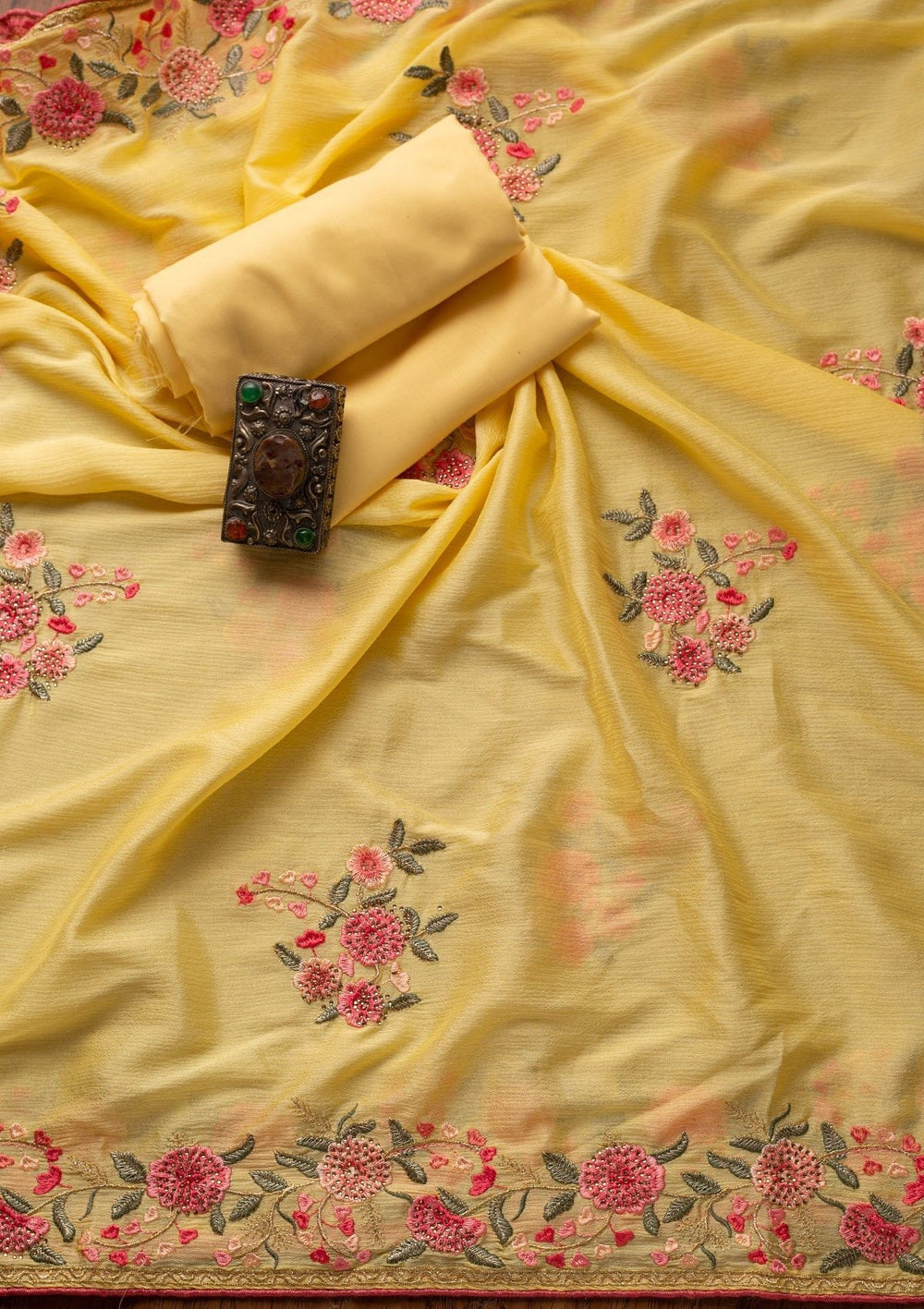 Yellow Threadwork Satin Designer Unstitched Salwar Suit - koskii