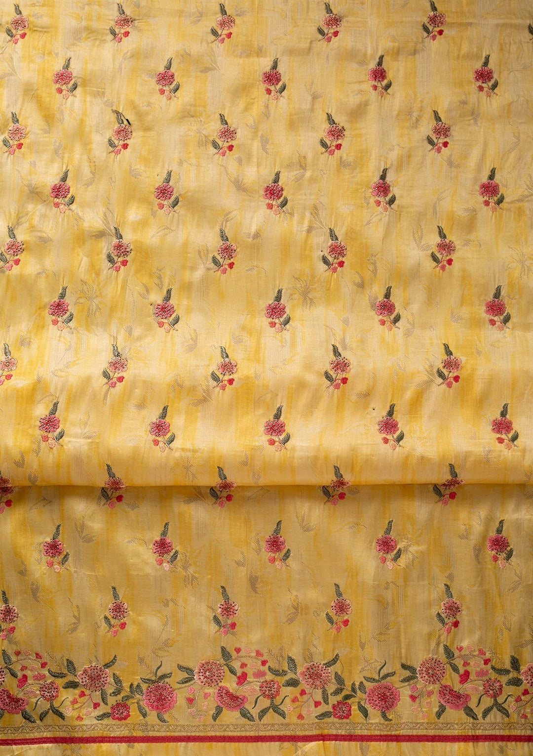 Yellow Threadwork Satin Designer Unstitched Salwar Suit - koskii