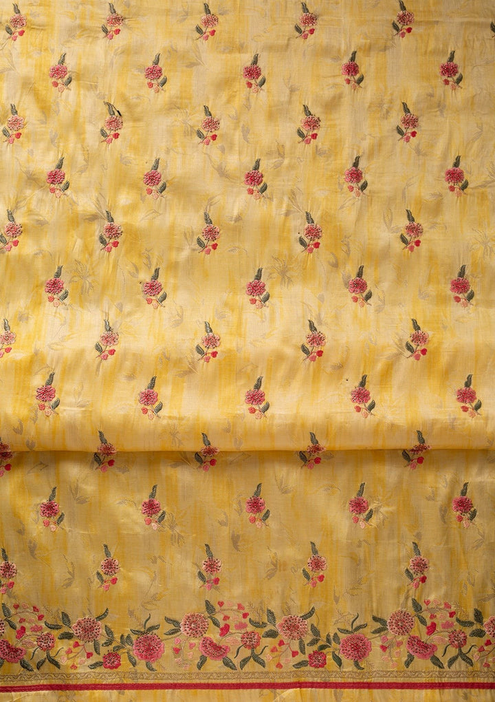 Yellow Threadwork Satin Designer Unstitched Salwar Suit - koskii