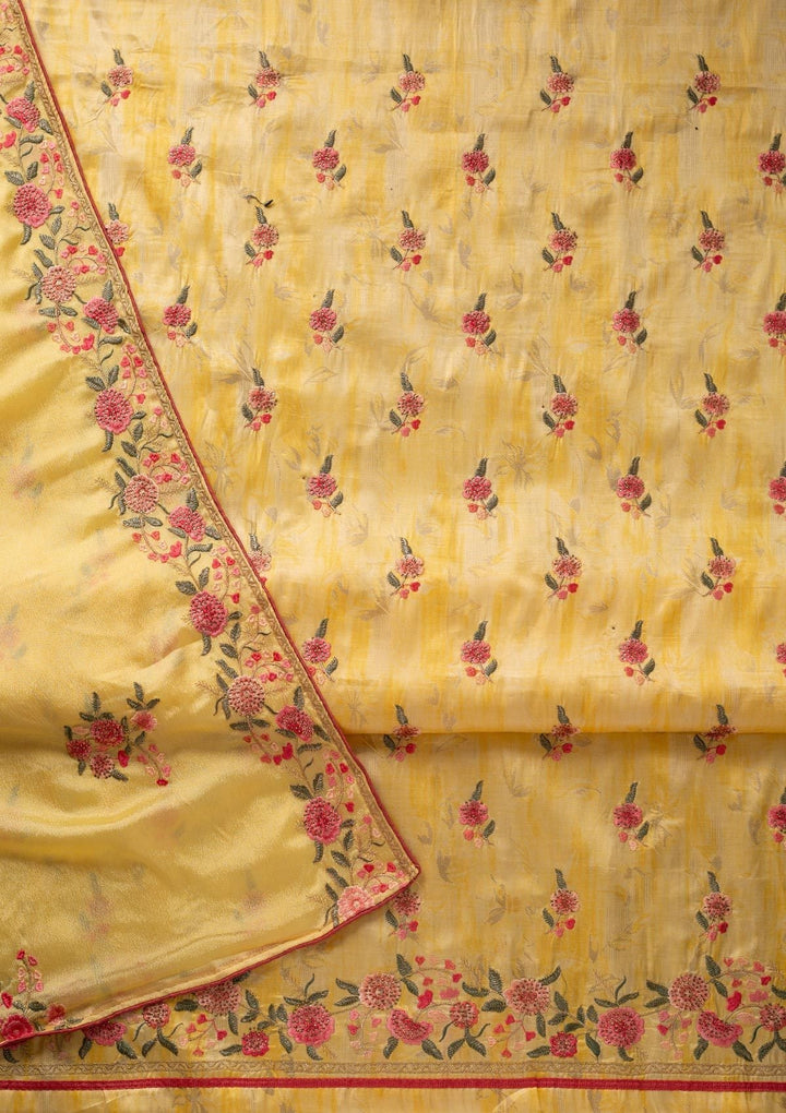 Yellow Threadwork Satin Designer Unstitched Salwar Suit - koskii