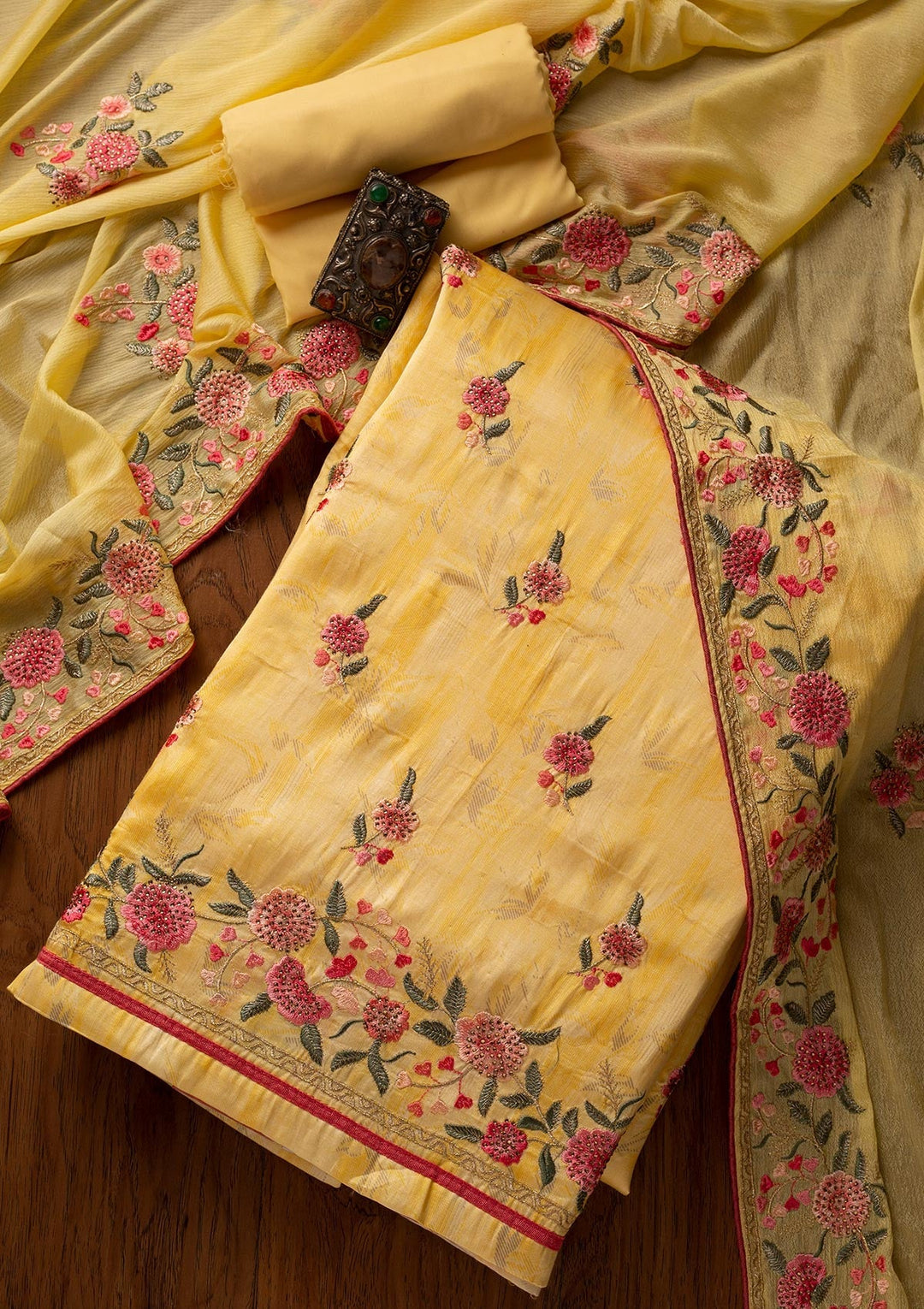Yellow Threadwork Satin Designer Unstitched Salwar Suit - koskii