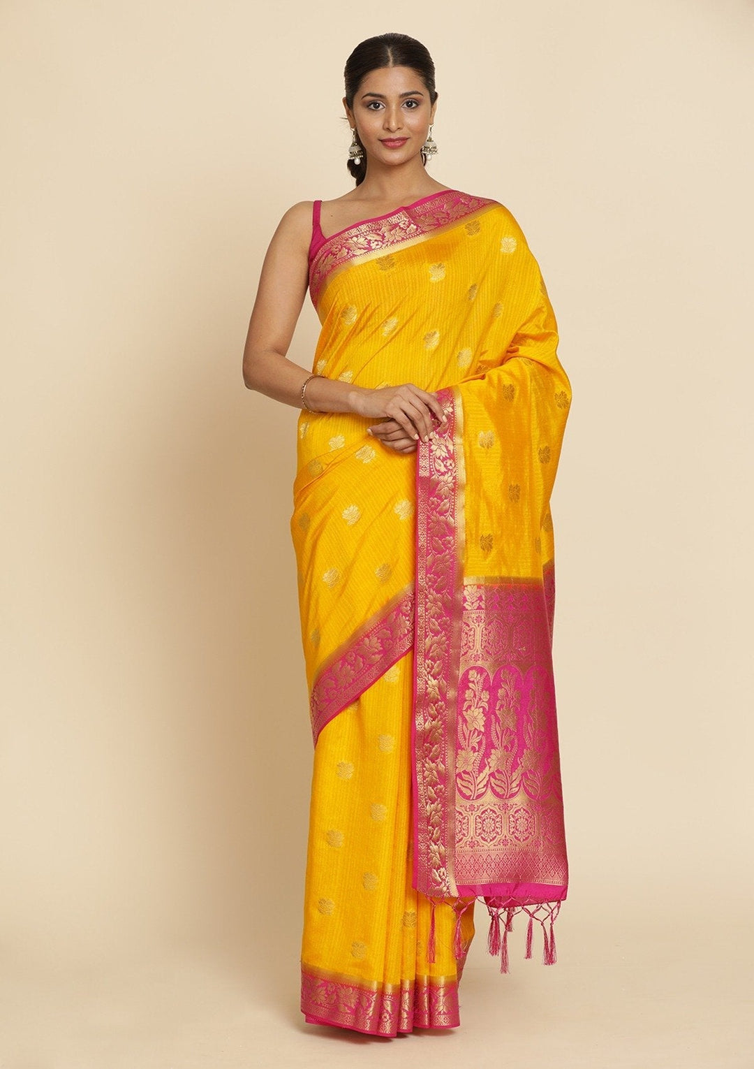 Yellow Zariwork Art Silk Designer Saree - koskii