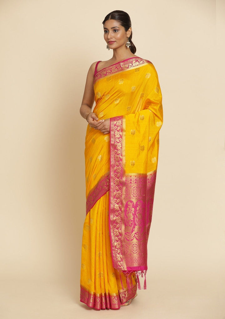 Yellow Zariwork Art Silk Designer Saree - koskii