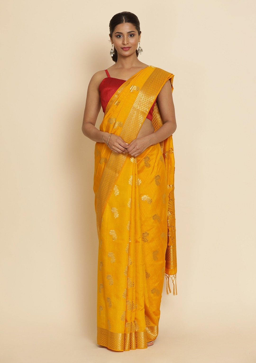 Yellow Zariwork Art Silk Designer Saree - koskii