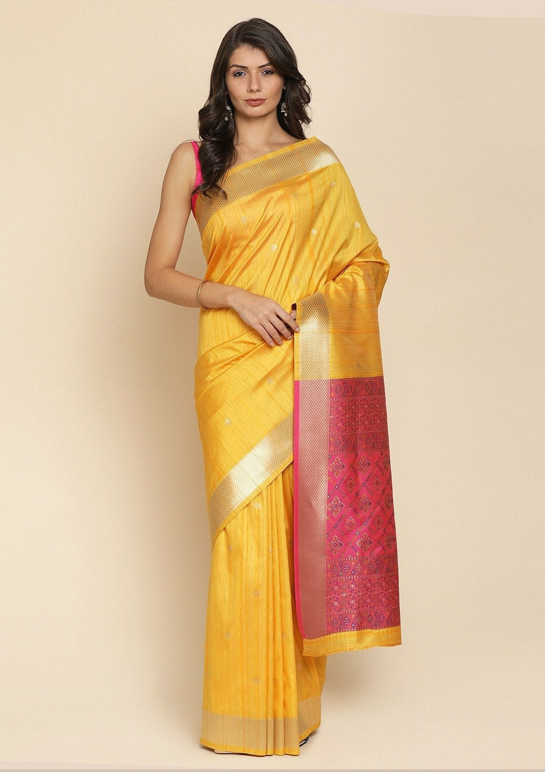 Yellow Zariwork Raw Silk Designer Saree - koskii