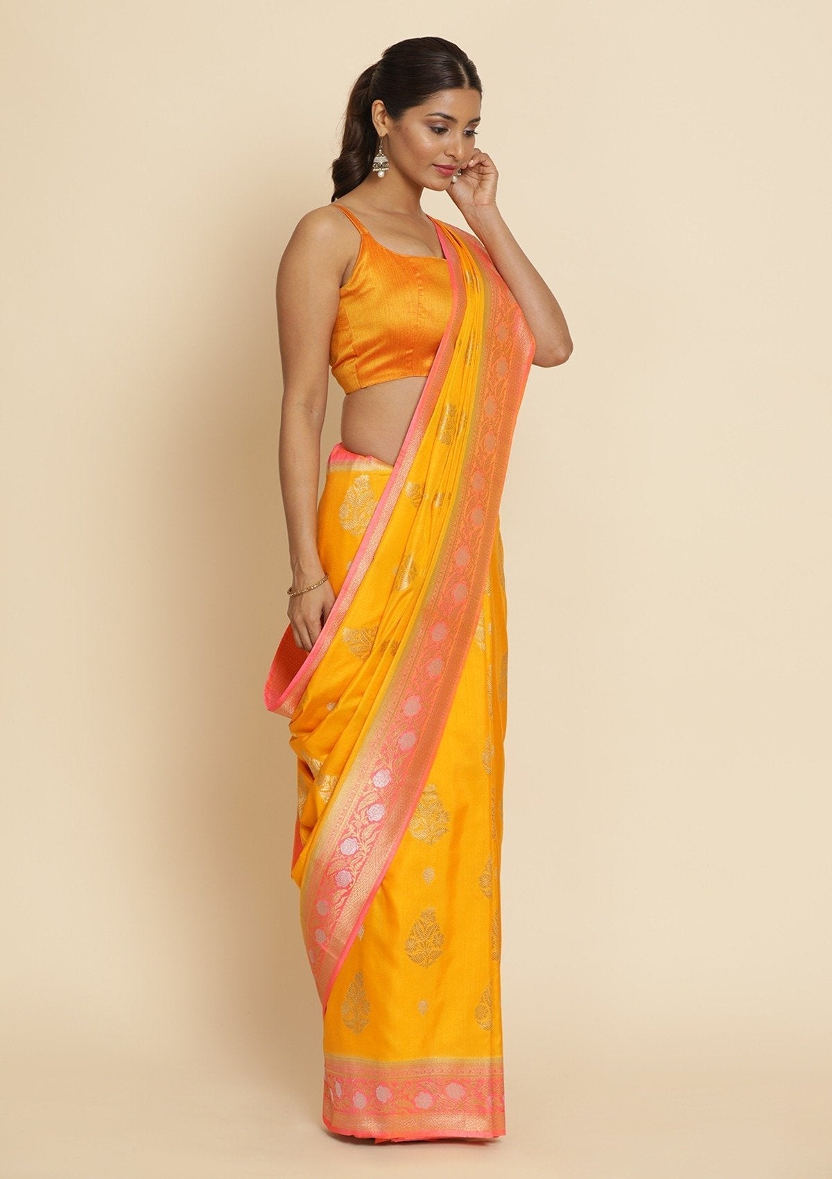 Yellow Zariwork Raw Silk Designer Saree - koskii