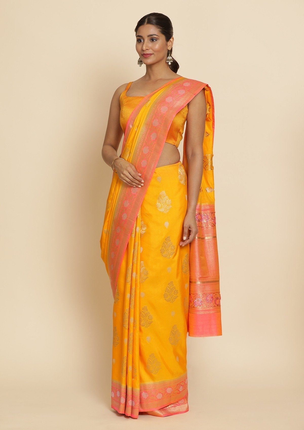 Yellow Zariwork Raw Silk Designer Saree - koskii