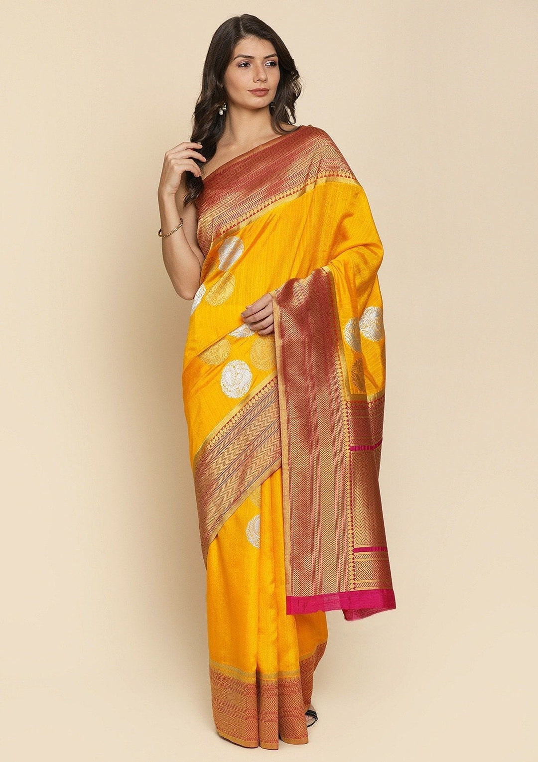 Yellow Zariwork Raw Silk Designer Saree - koskii