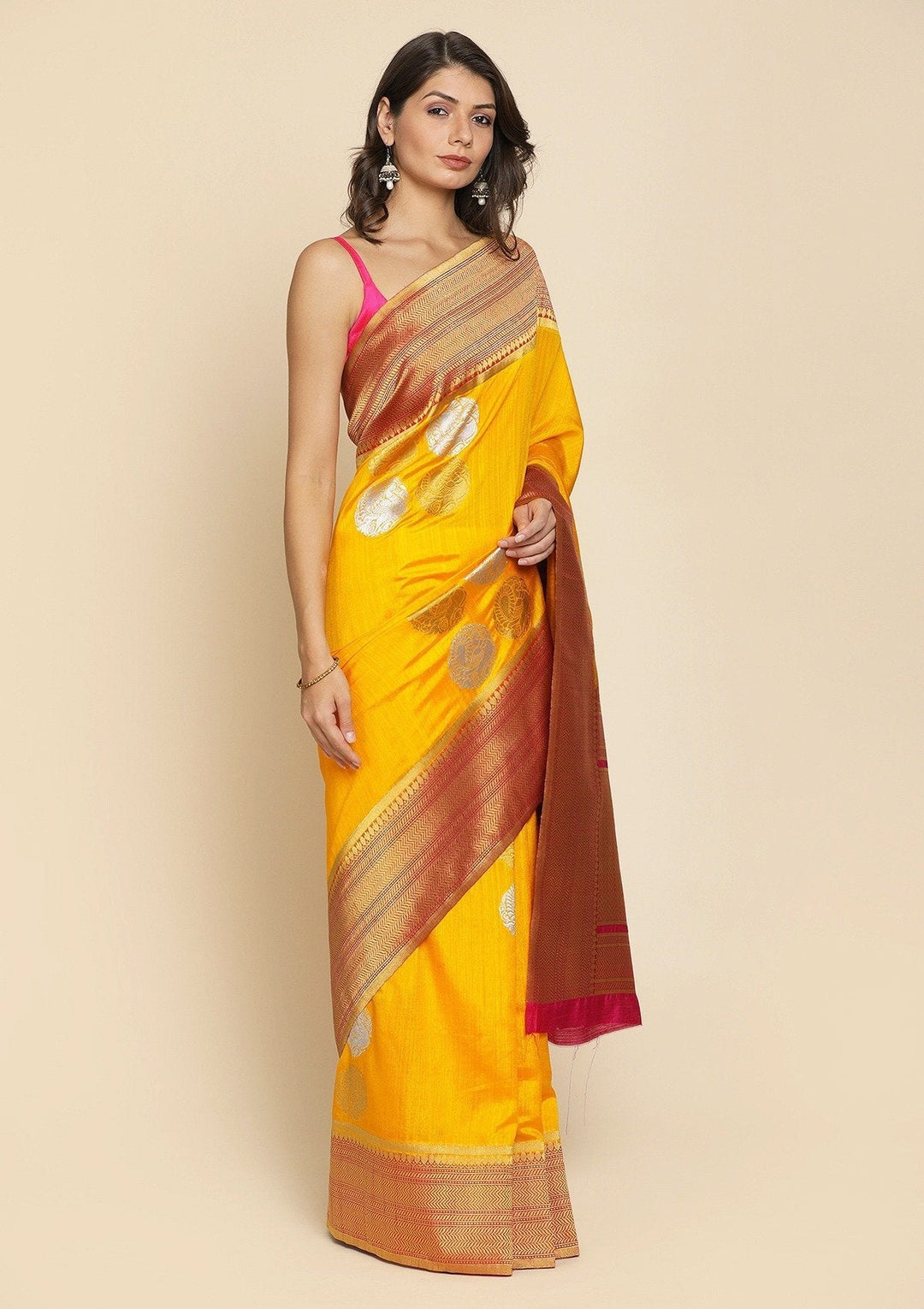 Yellow Zariwork Raw Silk Designer Saree - koskii