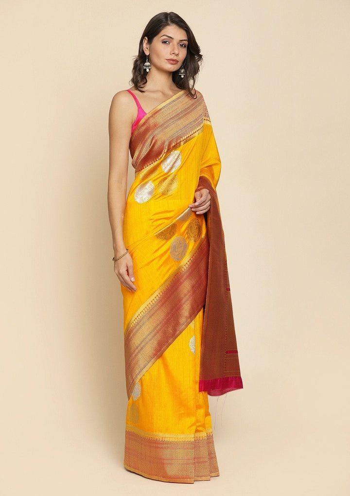 Yellow Zariwork Raw Silk Designer Saree - koskii