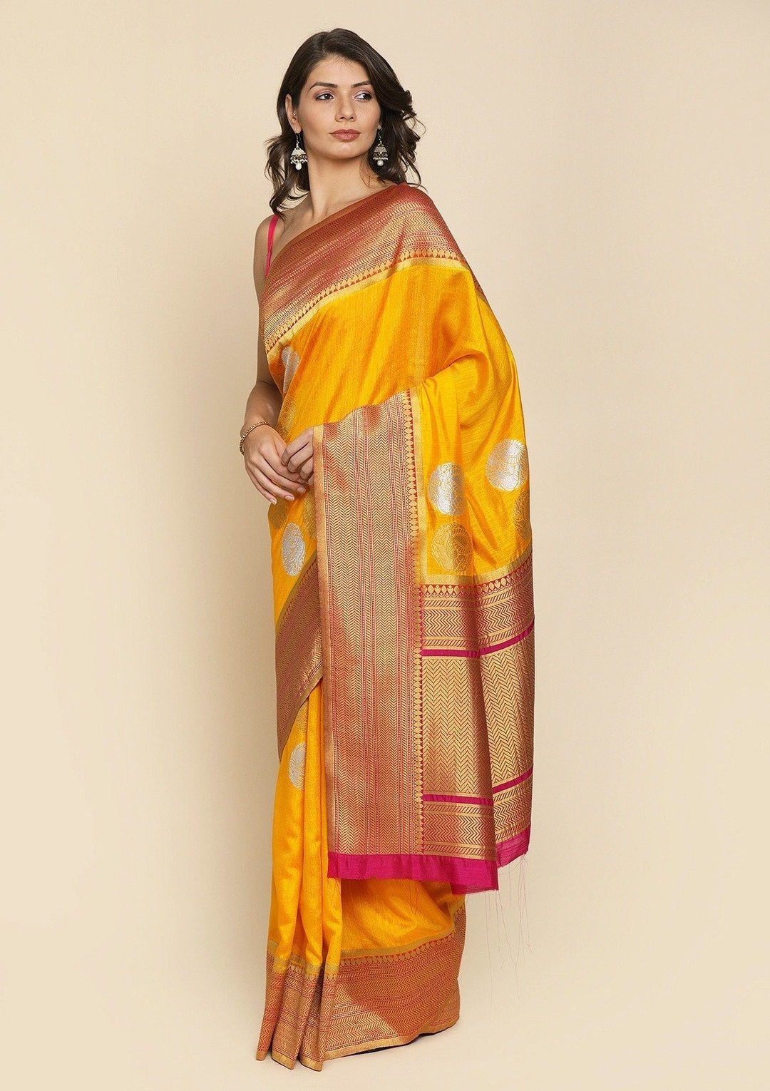 Yellow Zariwork Raw Silk Designer Saree - koskii