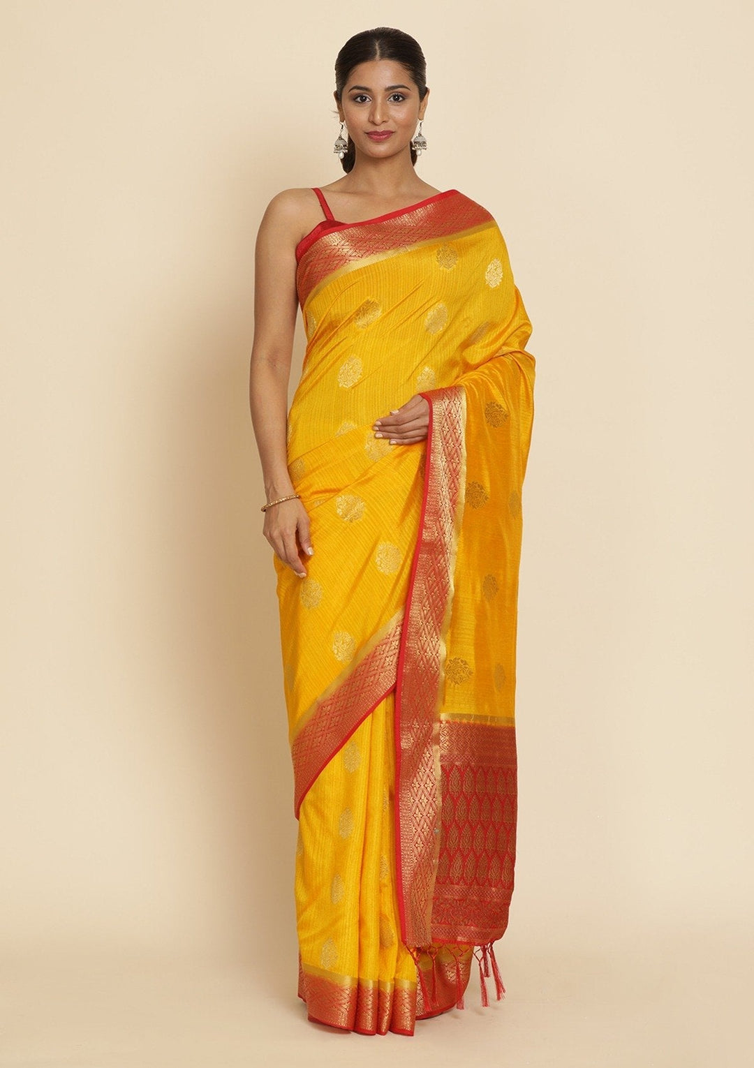 Yellow Zariwork Raw Silk Designer Saree - koskii