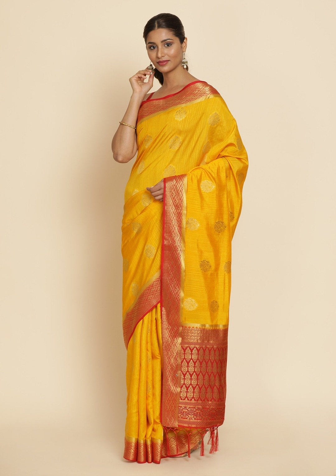 Yellow Zariwork Raw Silk Designer Saree - koskii
