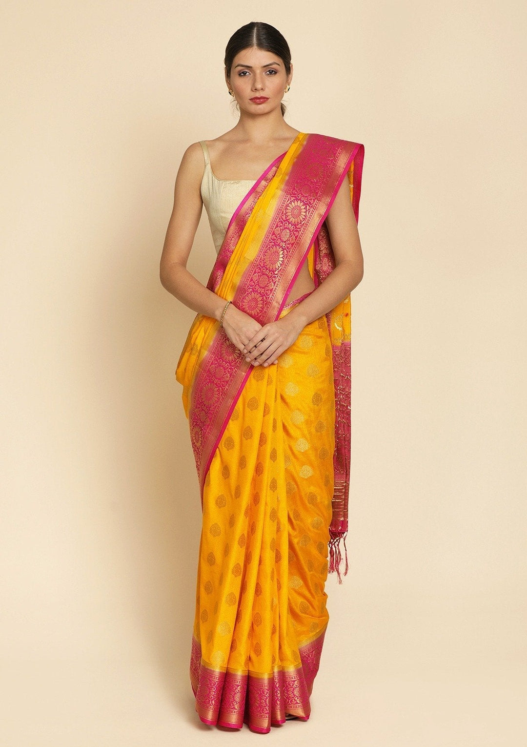 Yellow Zariwork Raw Silk Designer Saree - koskii