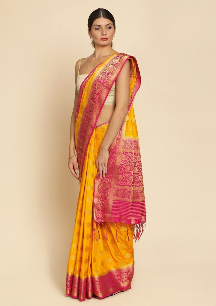 Yellow Zariwork Raw Silk Designer Saree - koskii