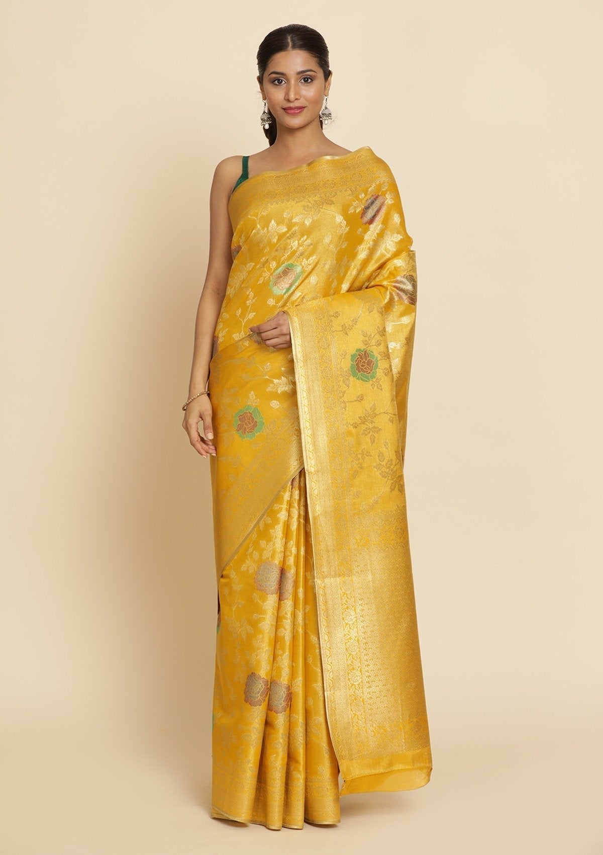 Yellow Zariwork Tissue Designer Saree - koskii