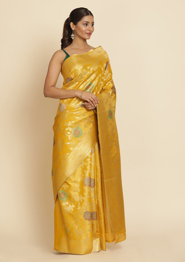 Yellow Zariwork Tissue Designer Saree - koskii