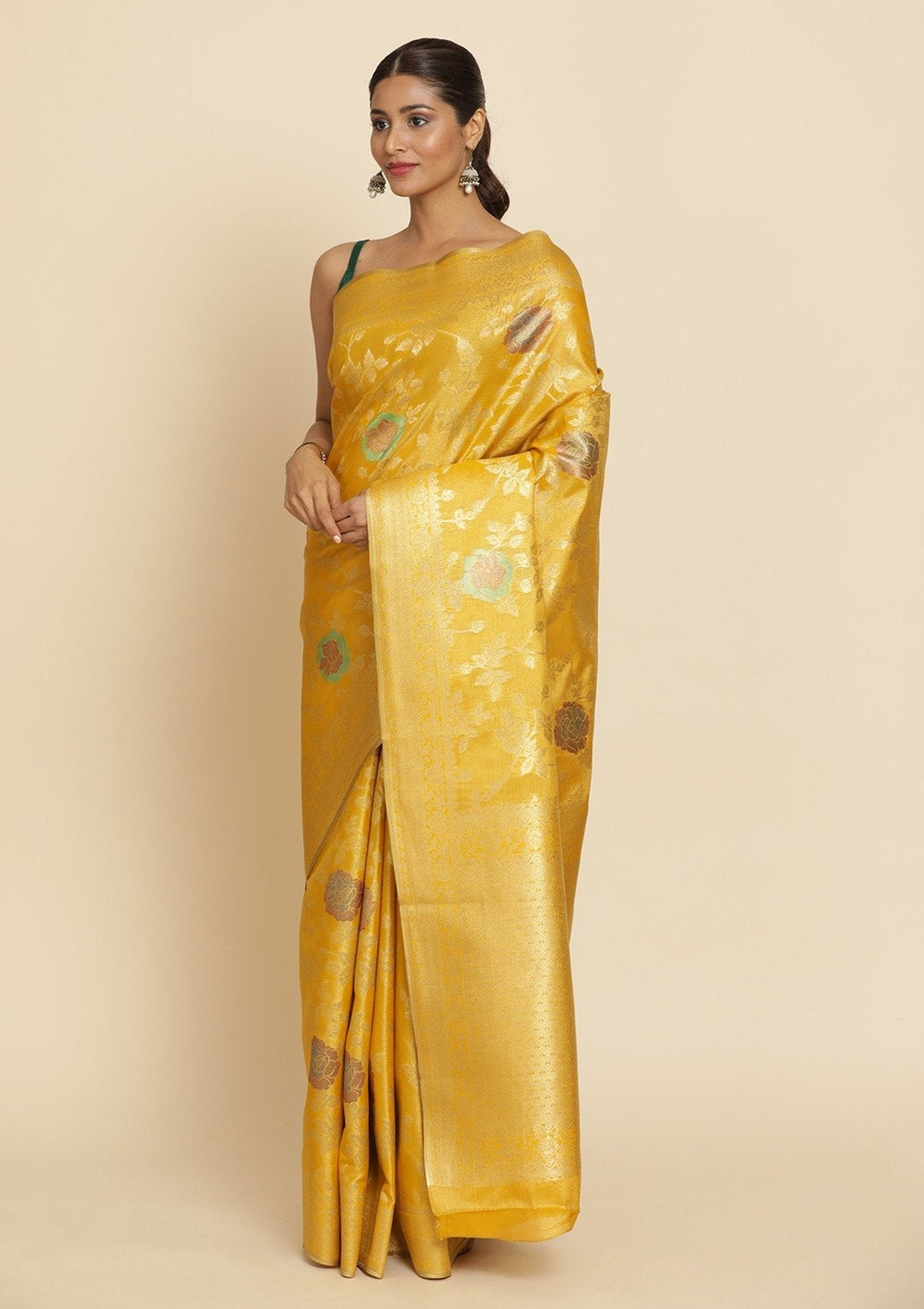 Yellow Zariwork Tissue Designer Saree - koskii